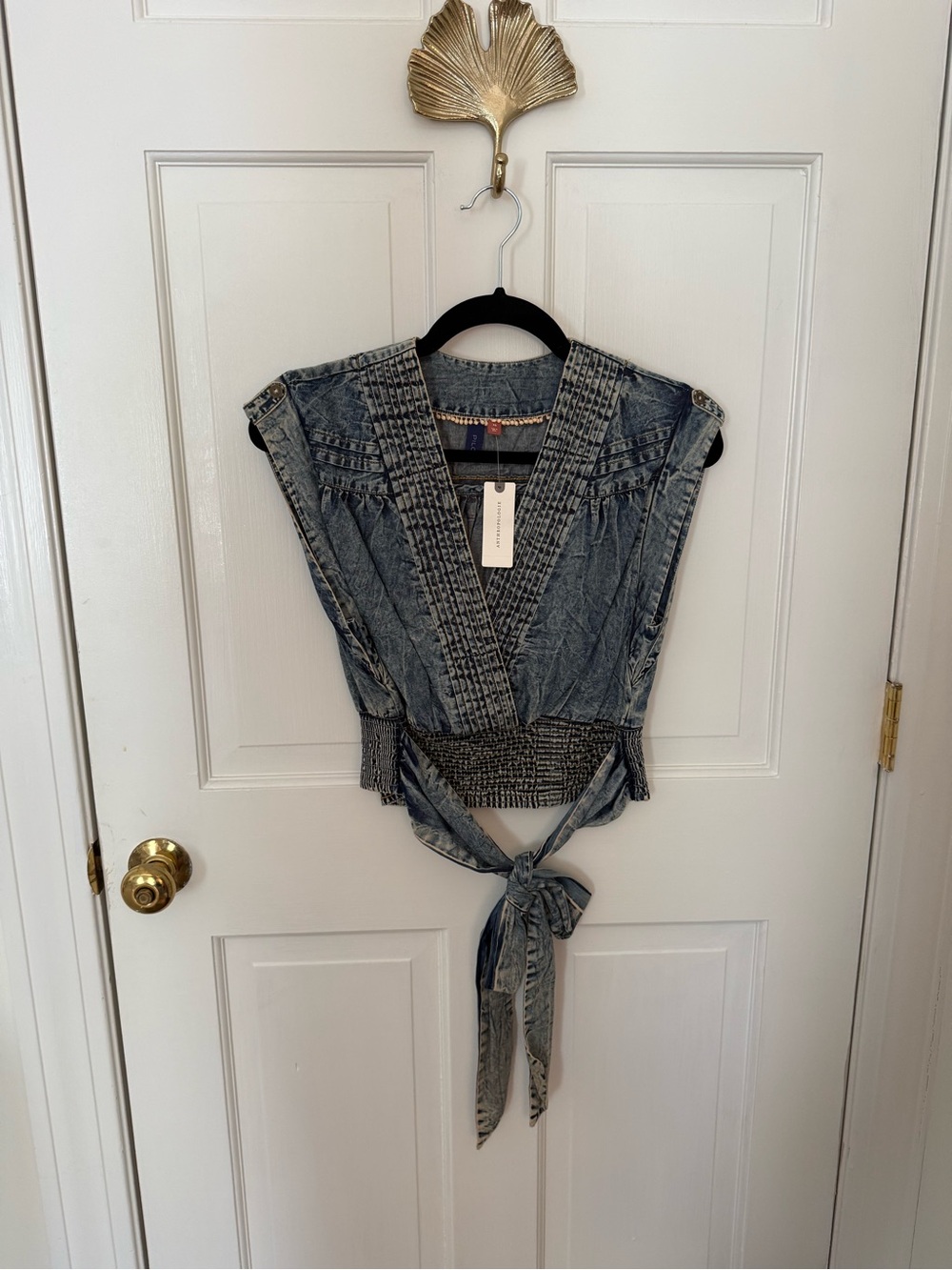 Anthropologie Washed Denim Tie-Front Crop Top